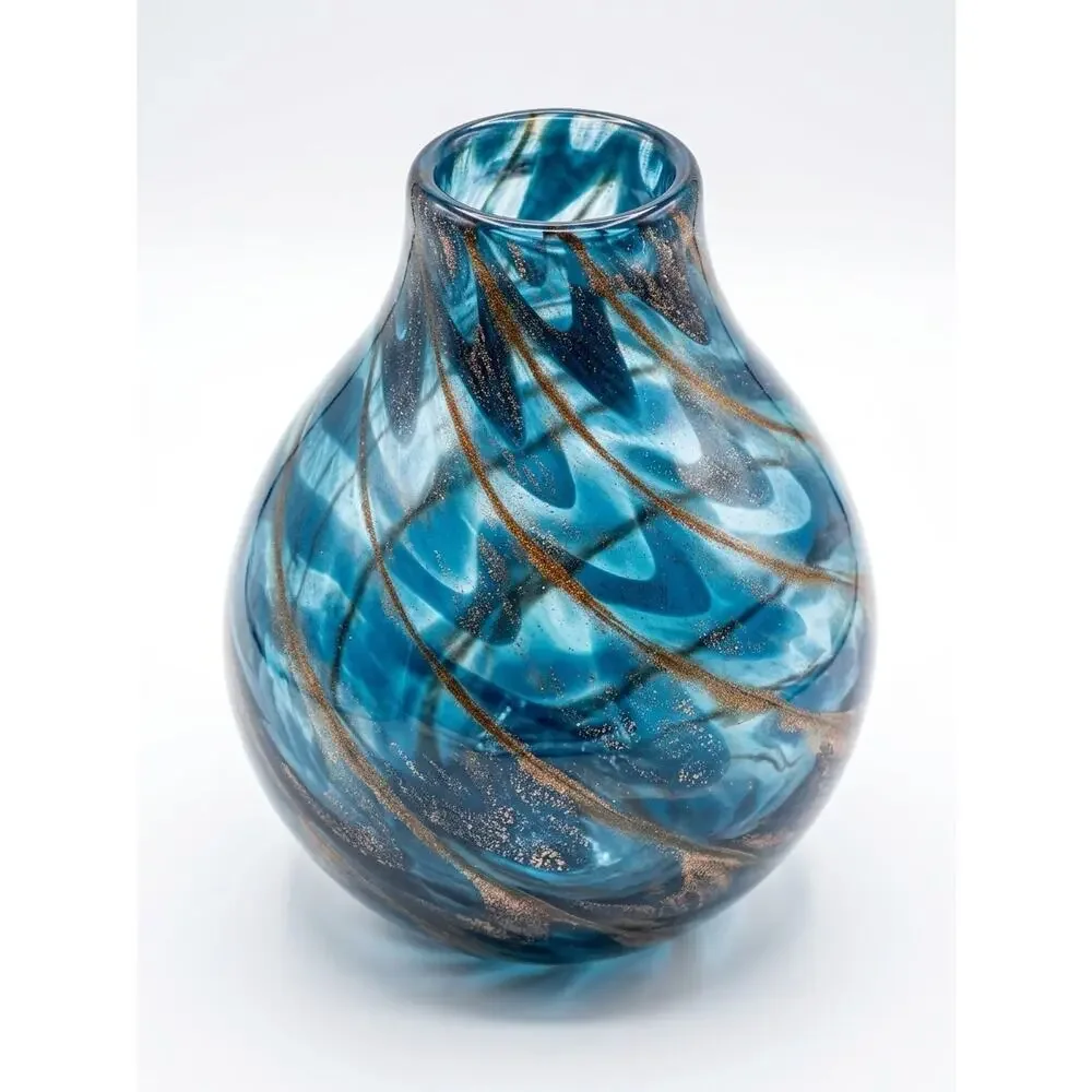 Vintage Hand Blown Blue Art Glass Vase Copper Gold Aventurine Swirl Teardrop 11